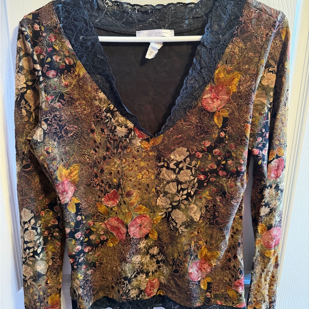 Papillon Blanc Multicolor Floral Lace V-Neck Top Sz L